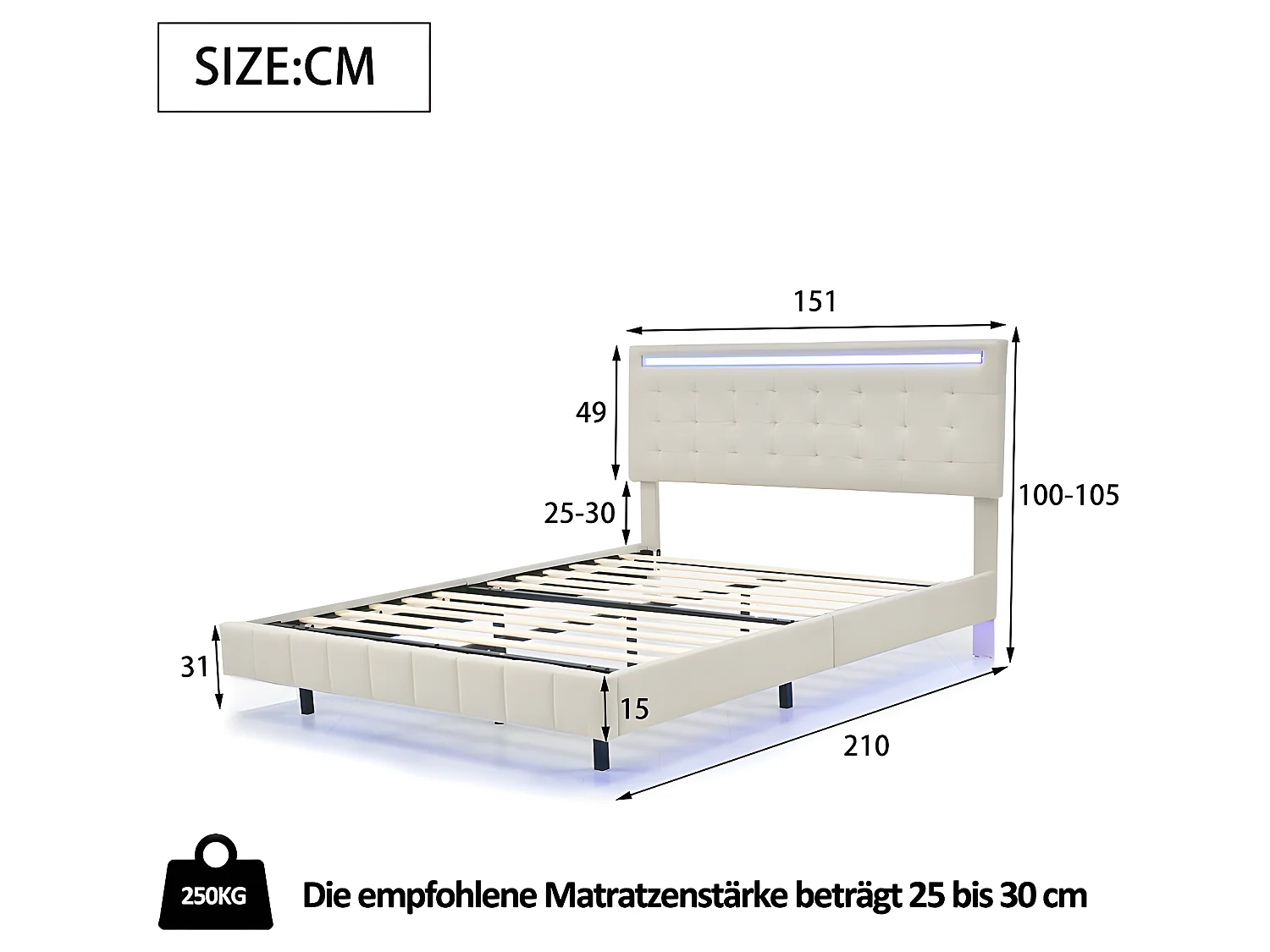 Lit adulte Lit 140 x 200 cm - avec lampes LED - beige - Sweiko