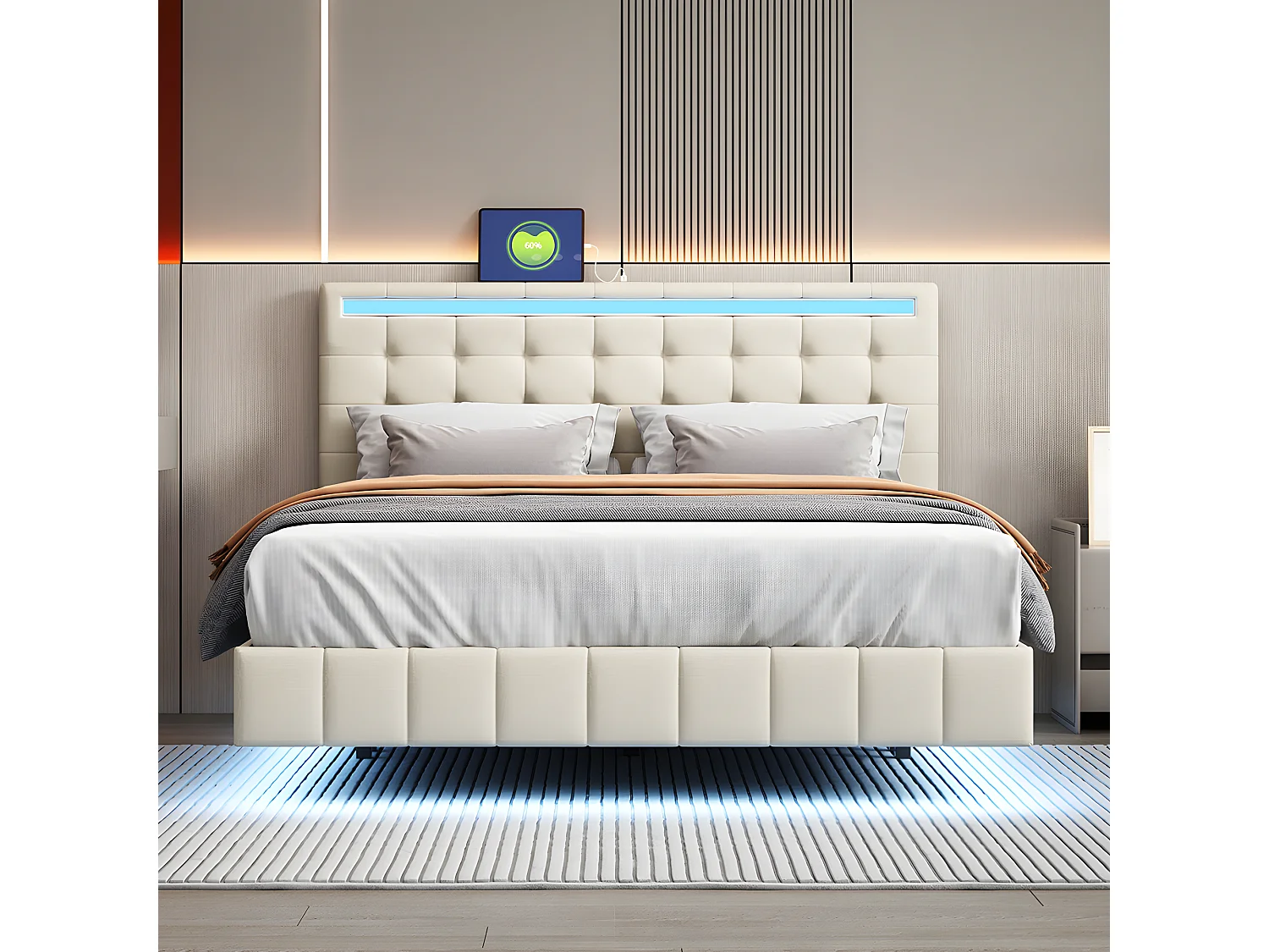 Lit adulte Lit 140 x 200 cm - avec lampes LED - beige - Sweiko