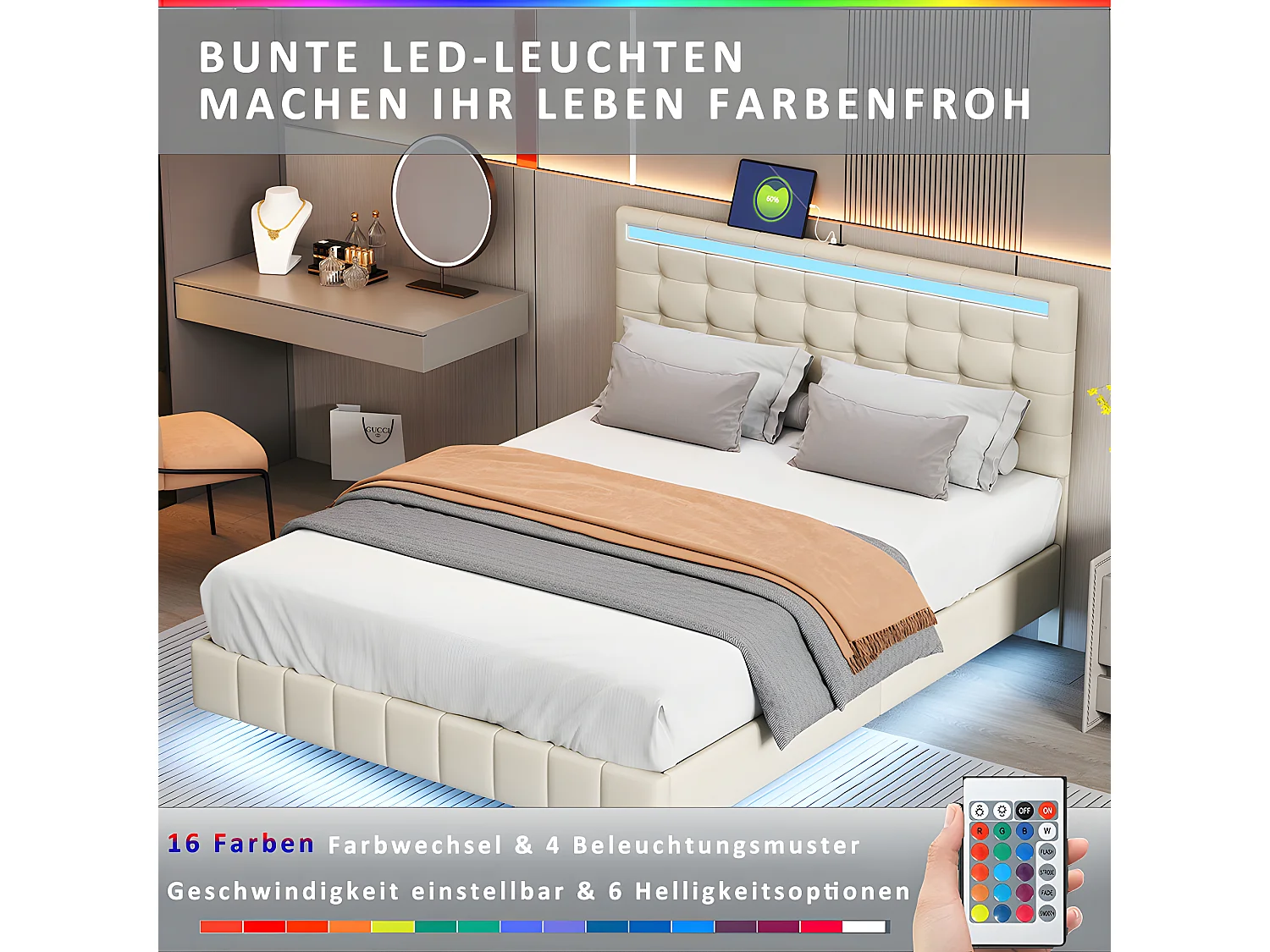 Lit adulte Lit 140 x 200 cm - avec lampes LED - beige - Sweiko