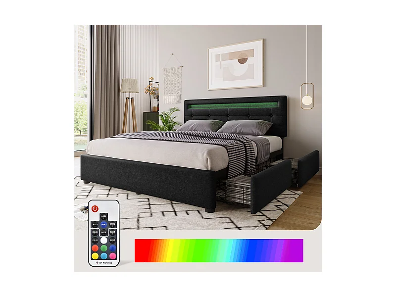 Lit avec tiroirs - 140x200cm avec éclairage LED et 4 tiroirs Noir (sans matelas) - Sweiko