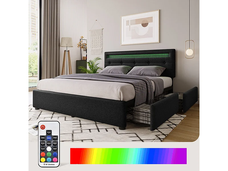 Lit avec tiroirs - 140x200cm avec éclairage LED et 4 tiroirs Noir (sans matelas) - Sweiko