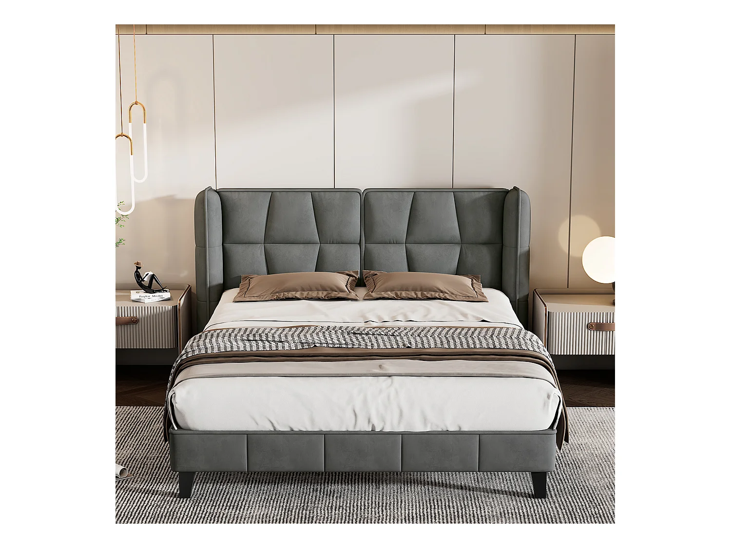 Lit adulte Lit rembourré 140 x 200 - velours, gris - Sweiko