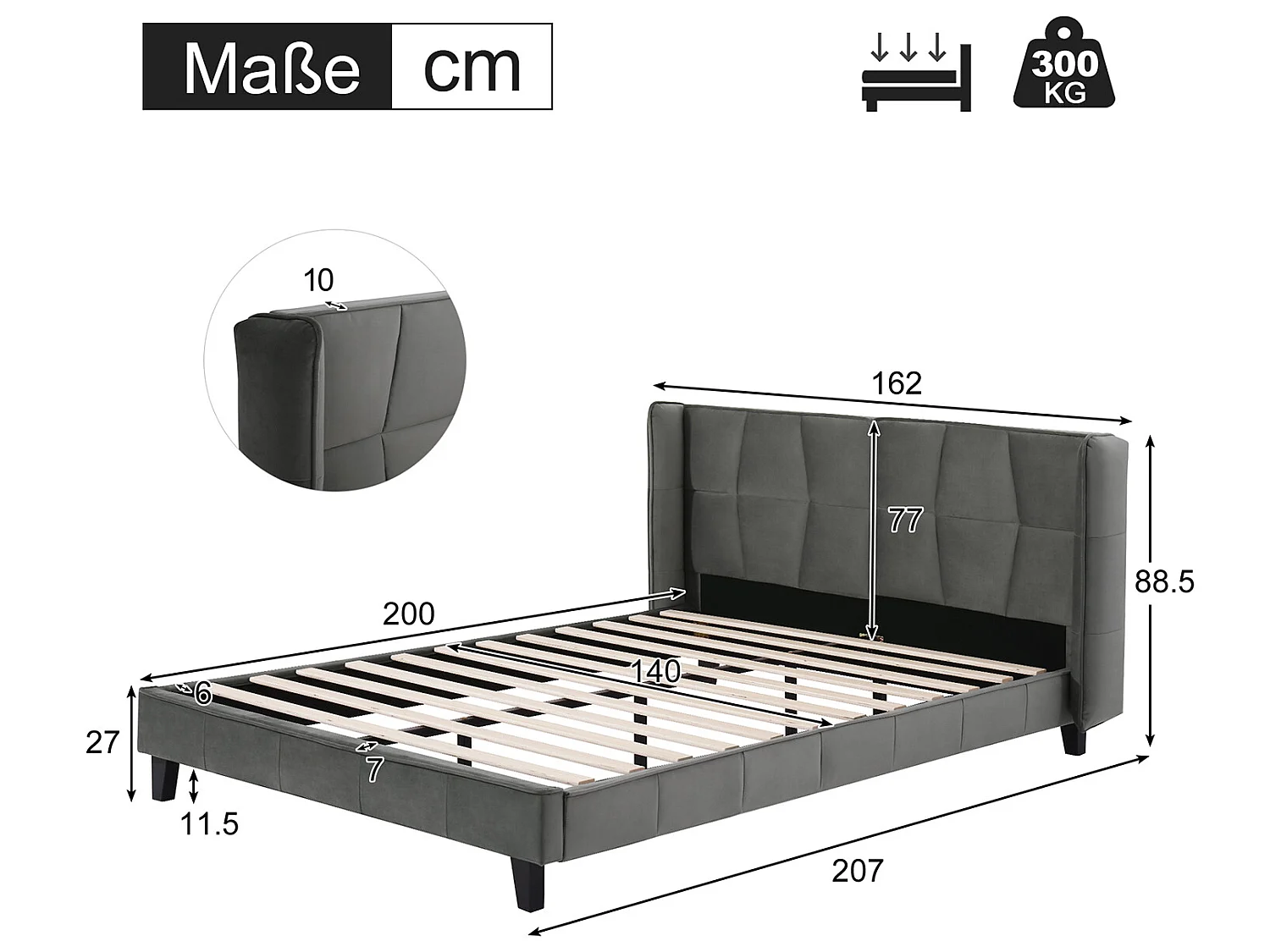 Lit adulte Lit rembourré 140 x 200 - velours, gris - Sweiko