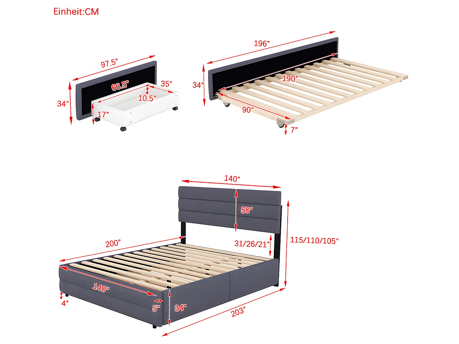 Lit avec tiroirs Lit 140 x 200 cm avec machine à défaire pour deux personnes - Gris - Sweiko