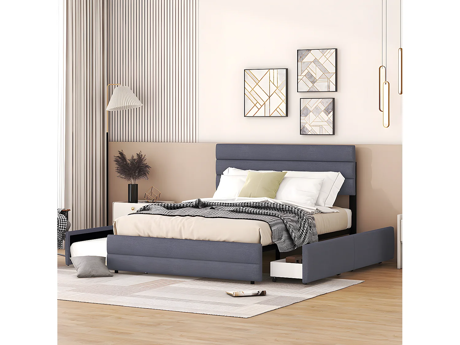 Lit avec tiroirs Lit 140 x 200 cm avec machine à défaire pour deux personnes - Gris - Sweiko