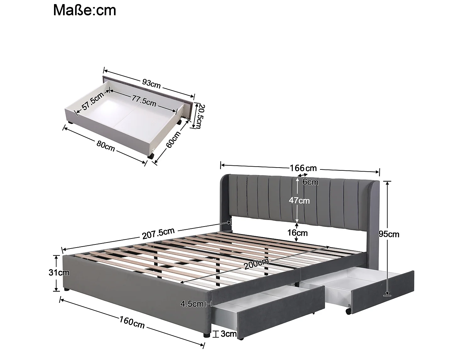 Lit avec 2 tiroirs - 160 x 200 cm - Gris - Sweiko