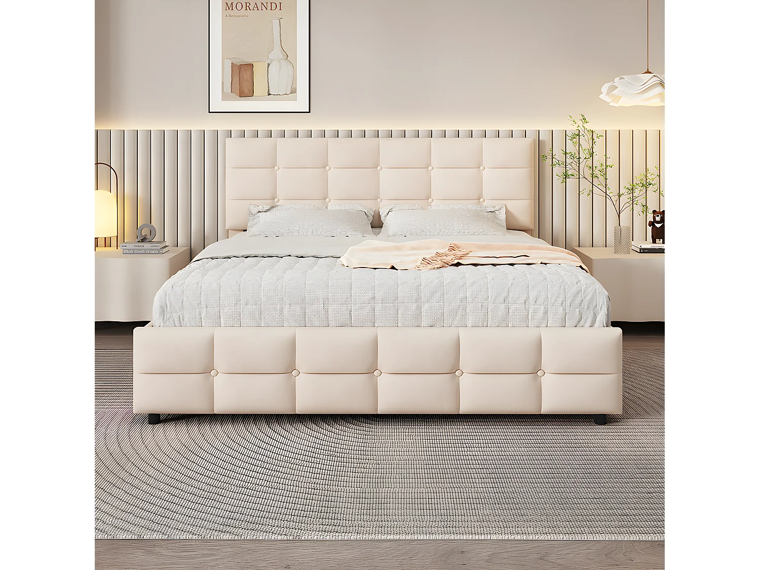 Lit avec tête de lit capitonnée - 180 x 200 cm - Velours - Beige - Sweiko