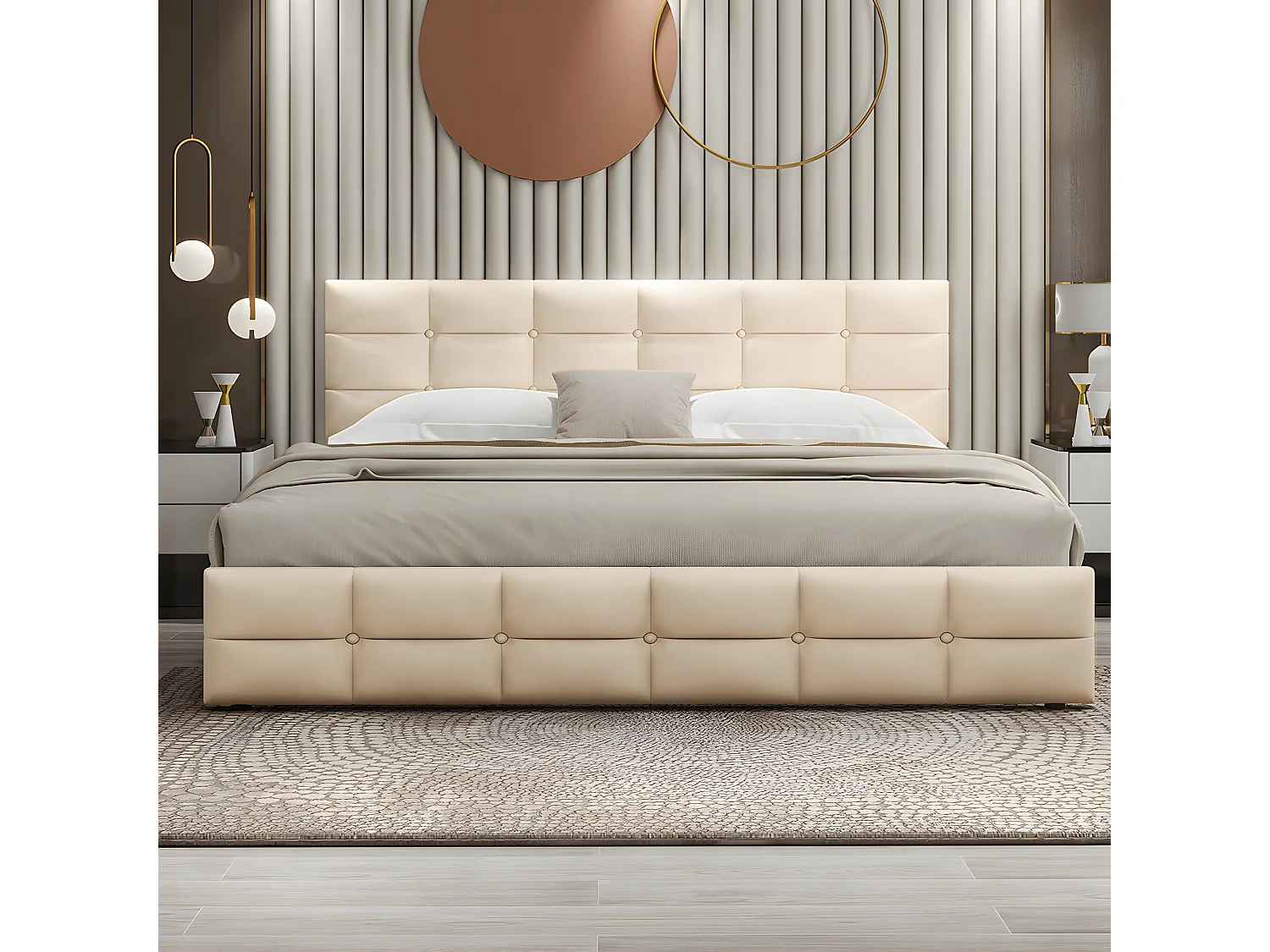 Lit avec tête de lit capitonnée - 180 x 200 cm - Velours - Beige - Sweiko