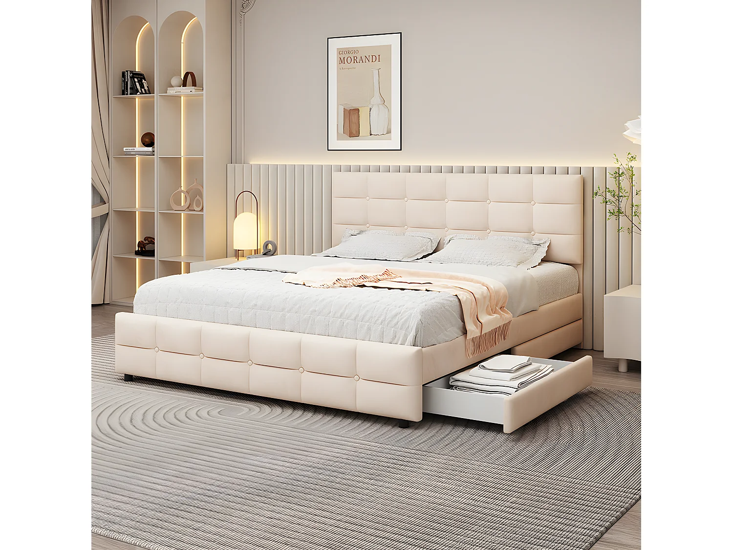 Lit avec tête de lit capitonnée - 180 x 200 cm - Velours - Beige - Sweiko