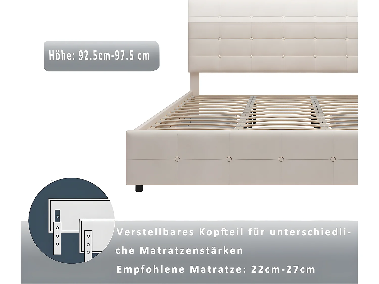 Lit avec tête de lit capitonnée - 180 x 200 cm - Velours - Beige - Sweiko