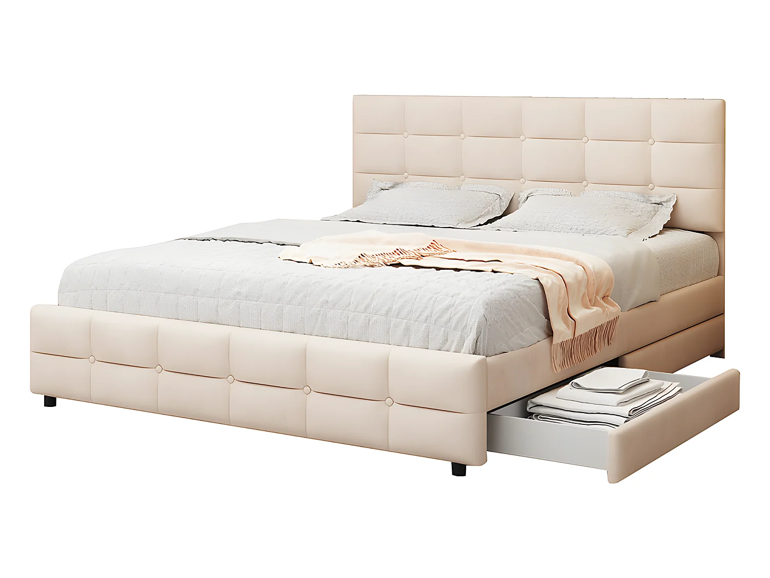 Lit avec tête de lit capitonnée - 180 x 200 cm - Velours - Beige - Sweiko