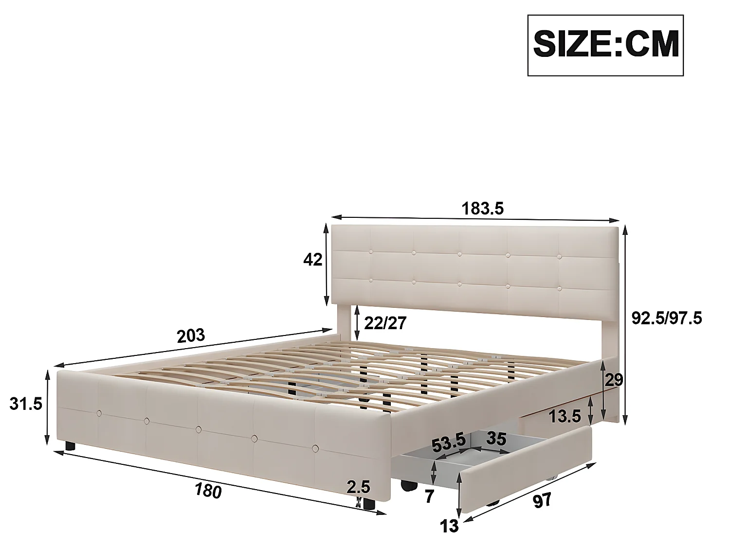 Lit avec tête de lit capitonnée - 180 x 200 cm - Velours - Beige - Sweiko