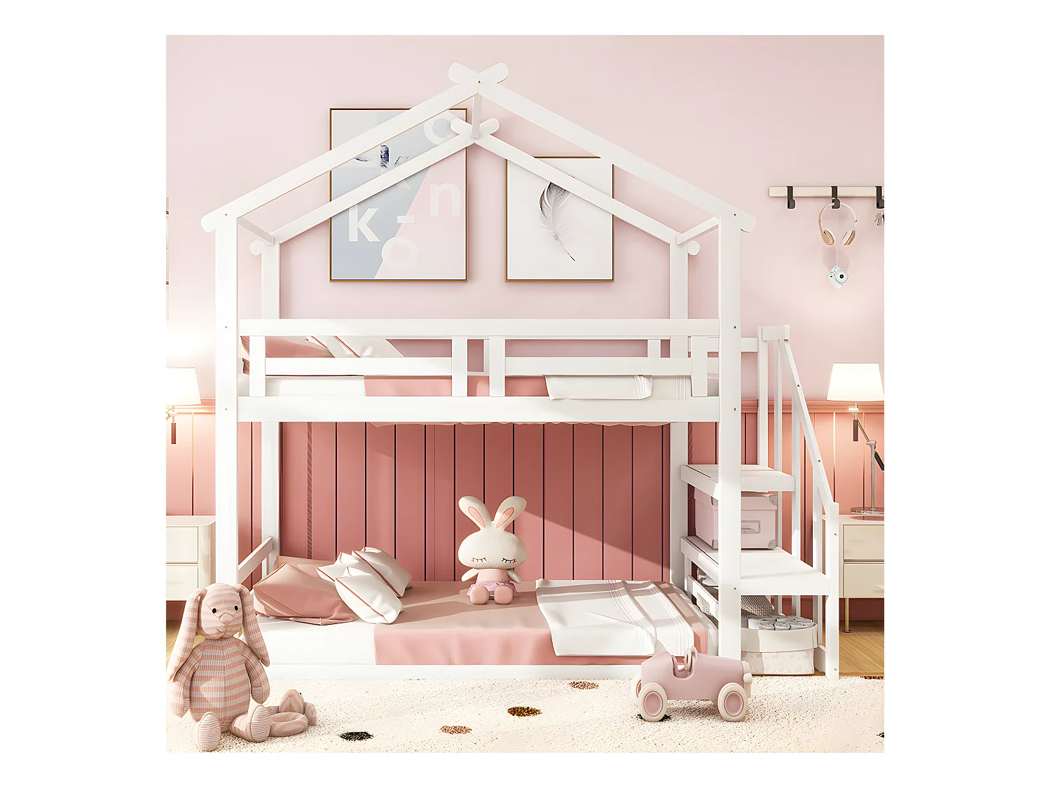 Lit superposé avec escalier - sommier à lattes - 90x200cm - blanc - Sweiko