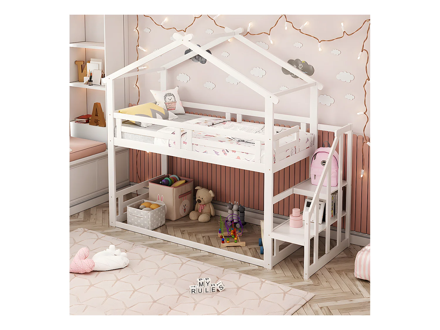 Lit superposé avec escalier - sommier à lattes - 90x200cm - blanc - Sweiko