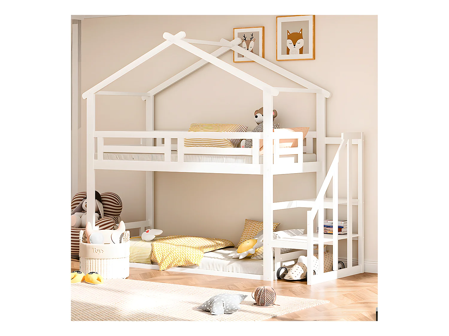 Lit superposé avec escalier - sommier à lattes - 90x200cm - blanc - Sweiko