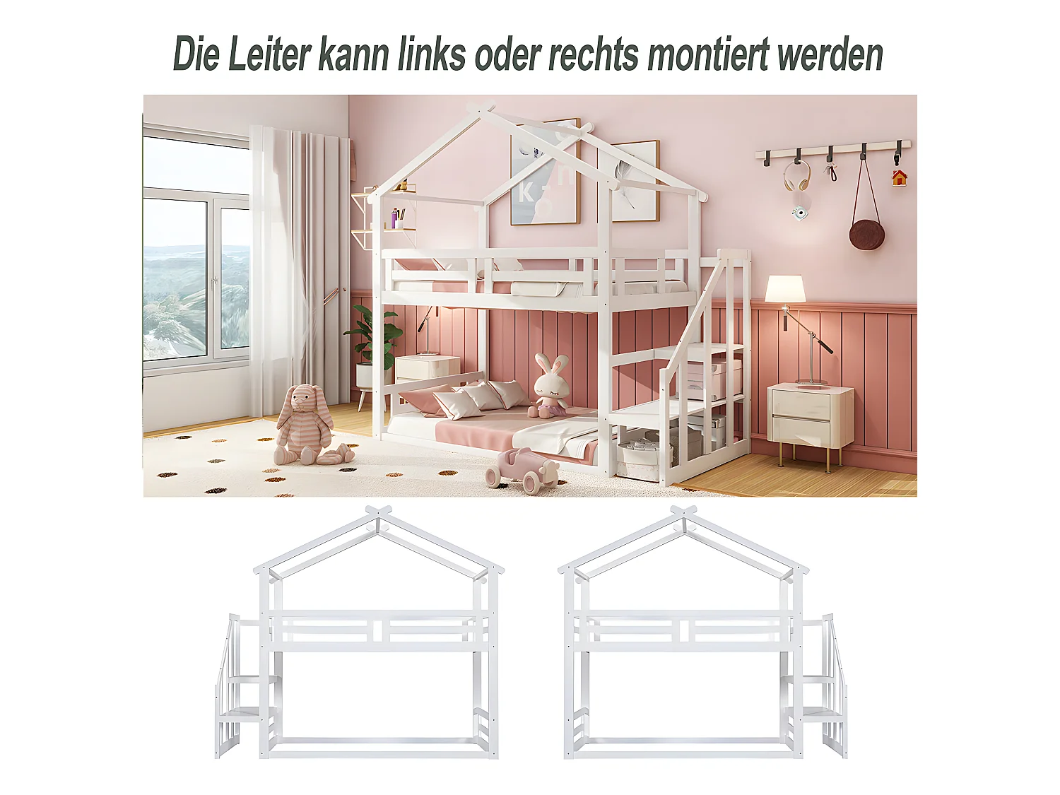 Lit superposé avec escalier - sommier à lattes - 90x200cm - blanc - Sweiko