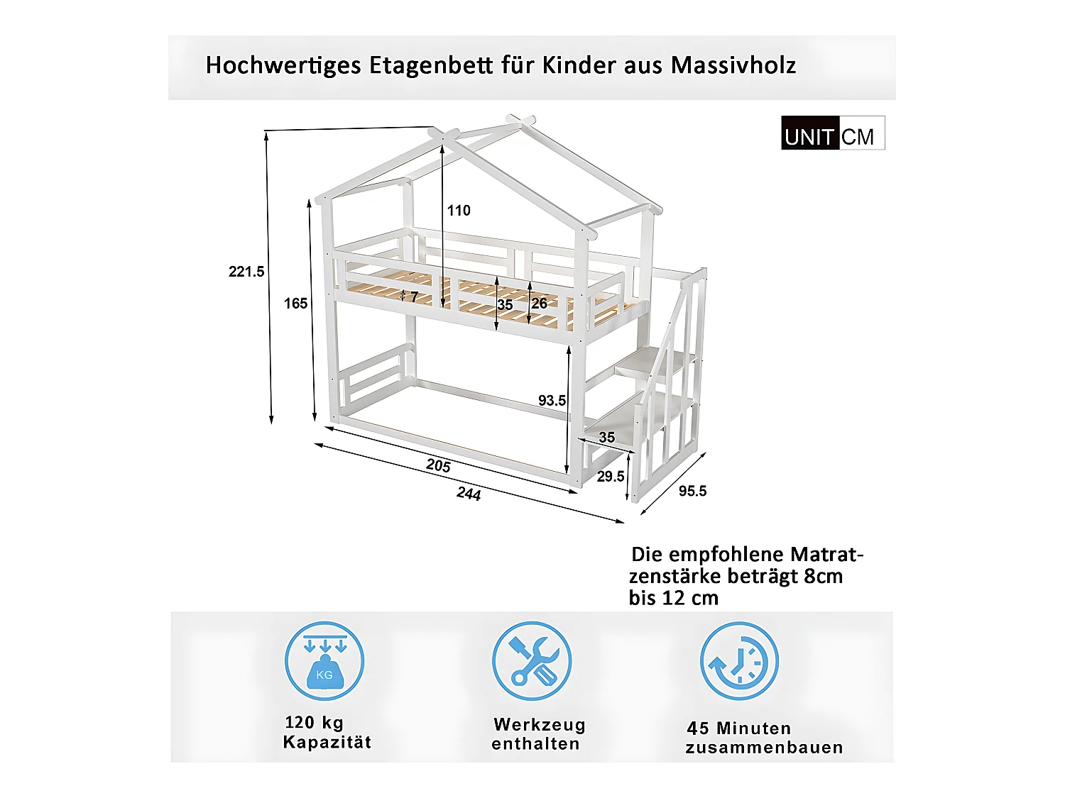 Lit superposé avec escalier - sommier à lattes - 90x200cm - blanc - Sweiko