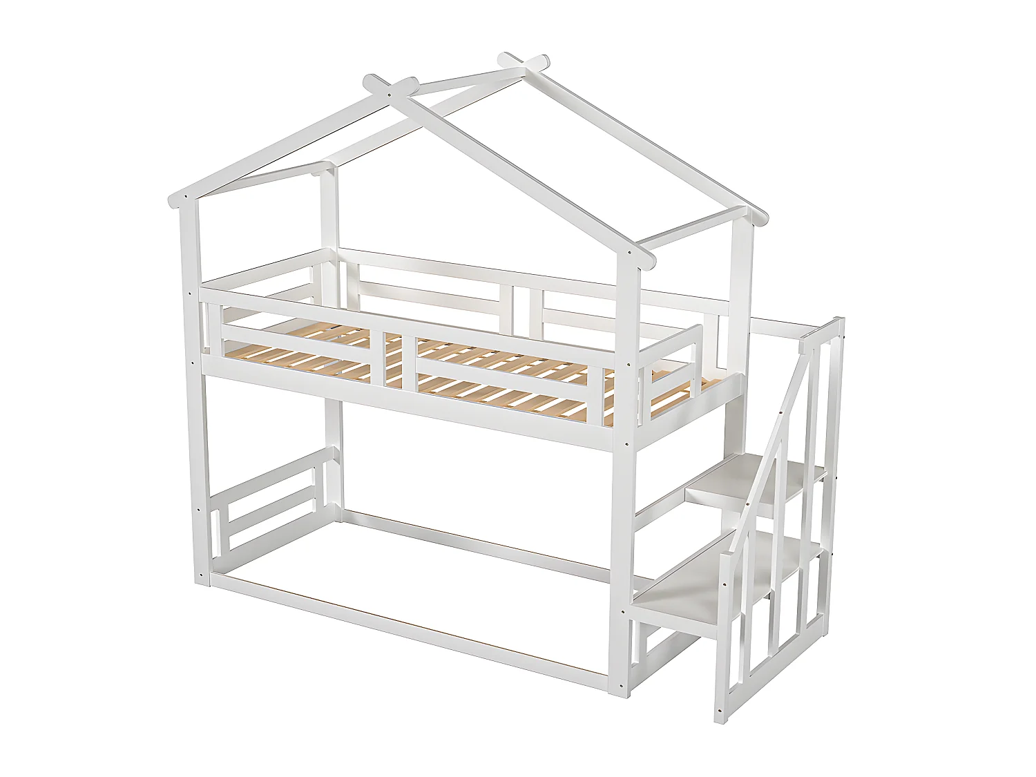 Lit superposé avec escalier - sommier à lattes - 90x200cm - blanc - Sweiko
