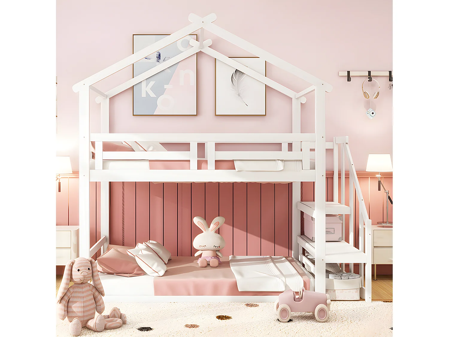 Lit superposé avec escalier - sommier à lattes - 90x200cm - blanc - Sweiko