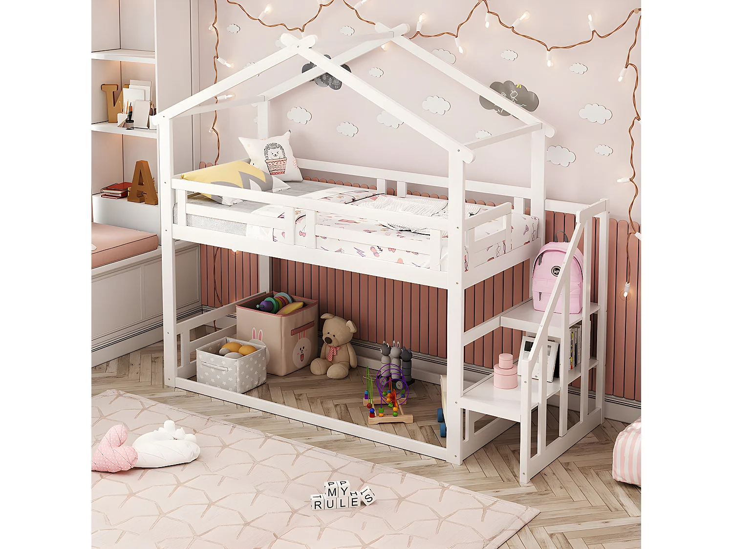 Lit superposé avec escalier - sommier à lattes - 90x200cm - blanc - Sweiko