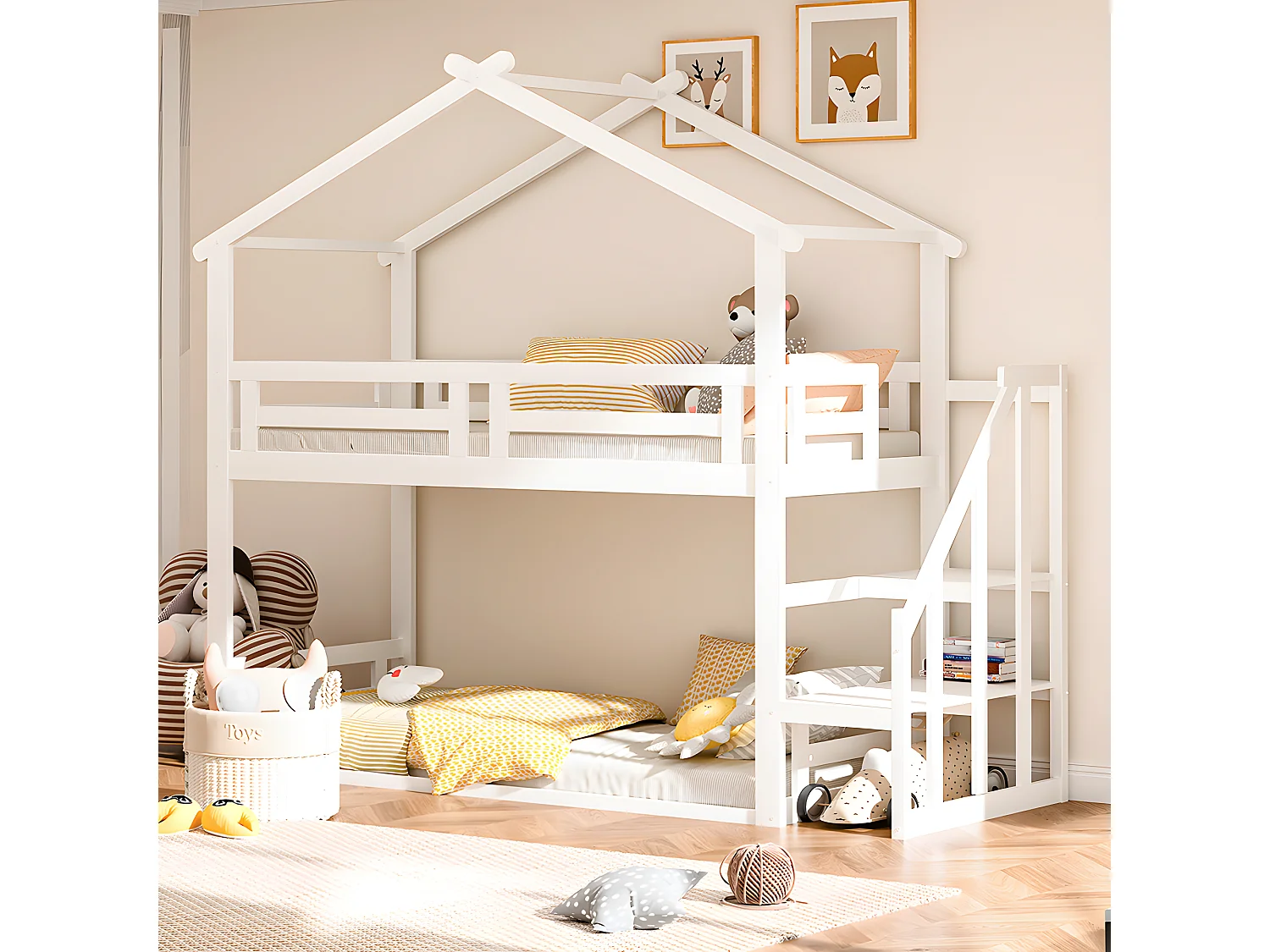 Lit superposé avec escalier - sommier à lattes - 90x200cm - blanc - Sweiko