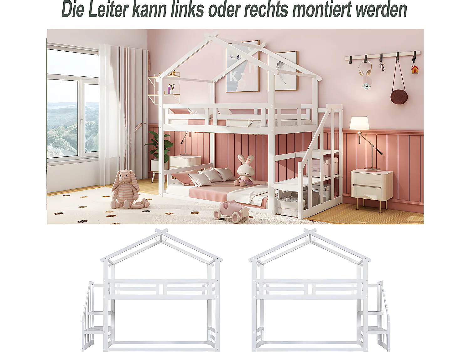 Lit superposé avec escalier - sommier à lattes - 90x200cm - blanc - Sweiko