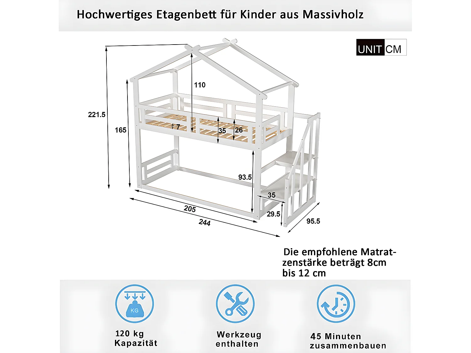 Lit superposé avec escalier - sommier à lattes - 90x200cm - blanc - Sweiko