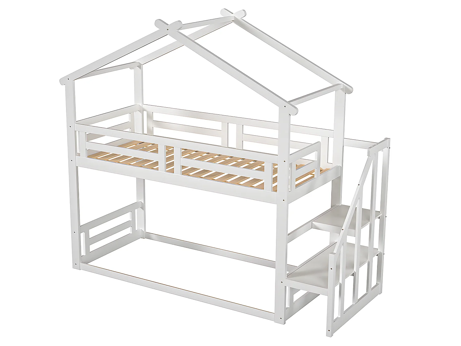 Lit superposé avec escalier - sommier à lattes - 90x200cm - blanc - Sweiko