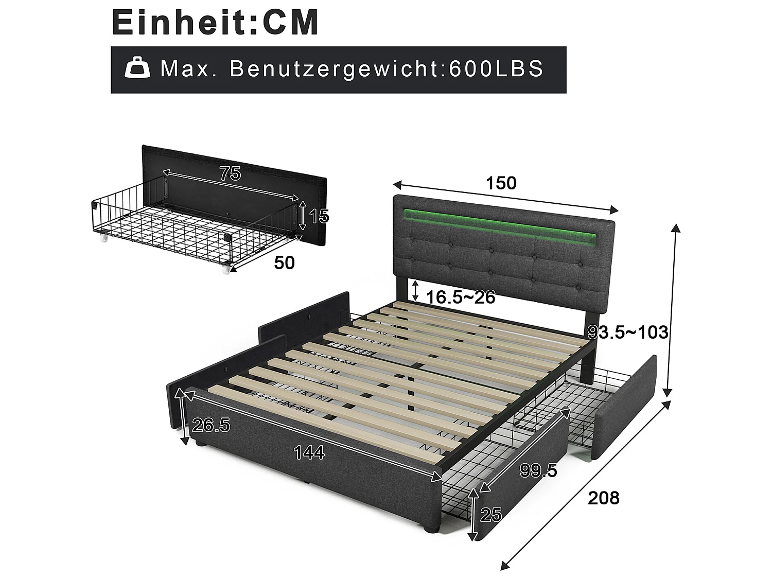 Lit avec tiroirs - 140x200cm avec éclairage LED et 4 tiroirs Gris (Avec matelas) - Sweiko