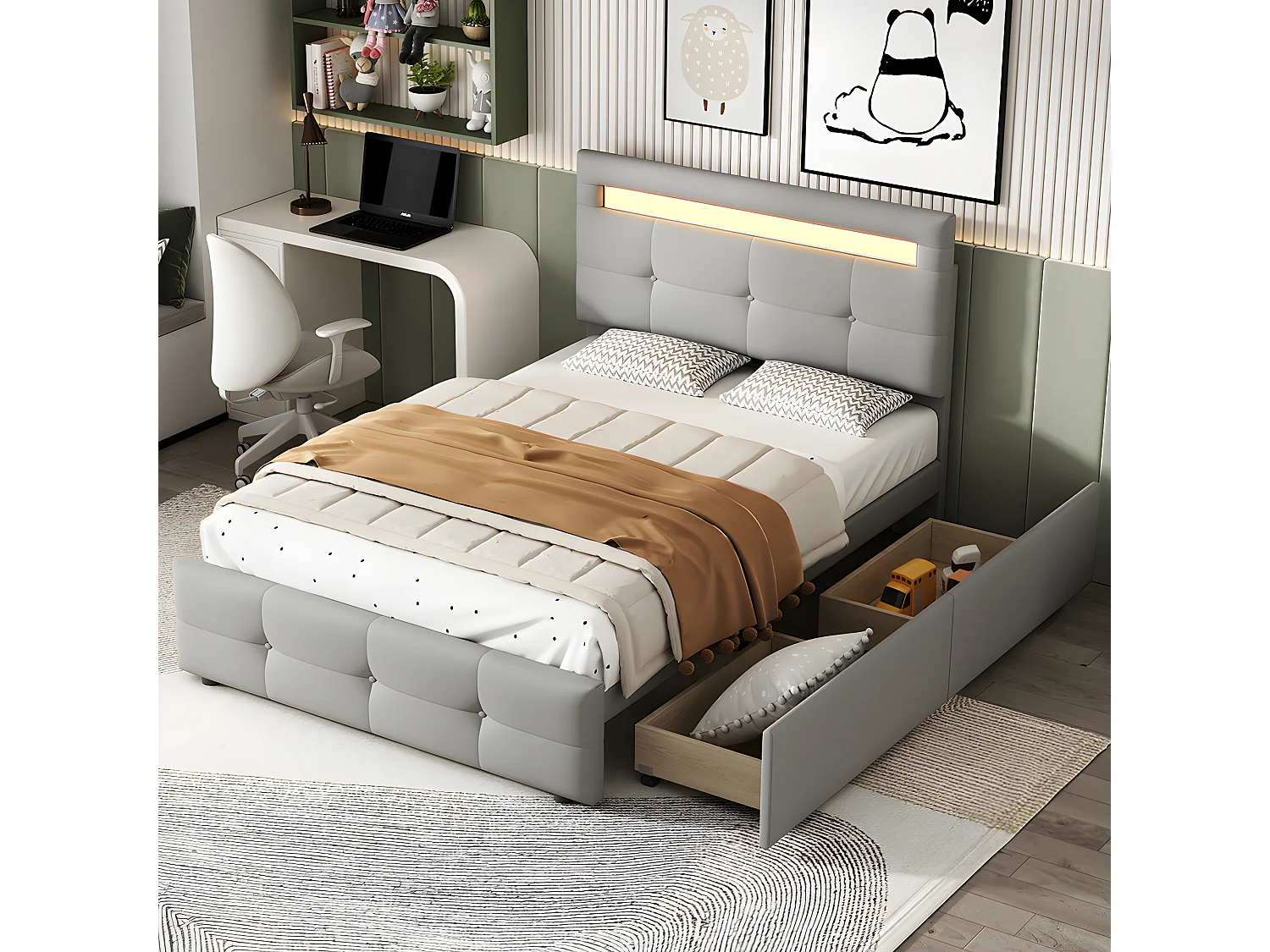 Lit LED avec tête de lit rangements et tiroirs - 90 x 200 cm - Gris - Sweiko