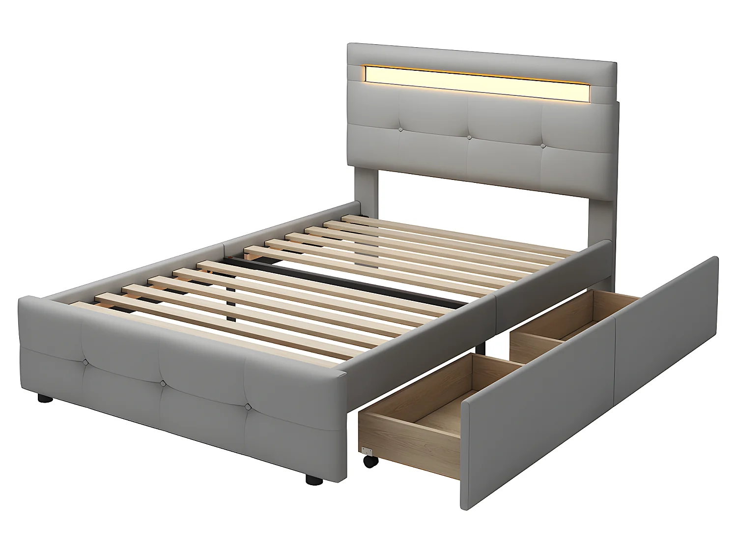 Lit LED avec tête de lit rangements et tiroirs - 90 x 200 cm - Gris - Sweiko