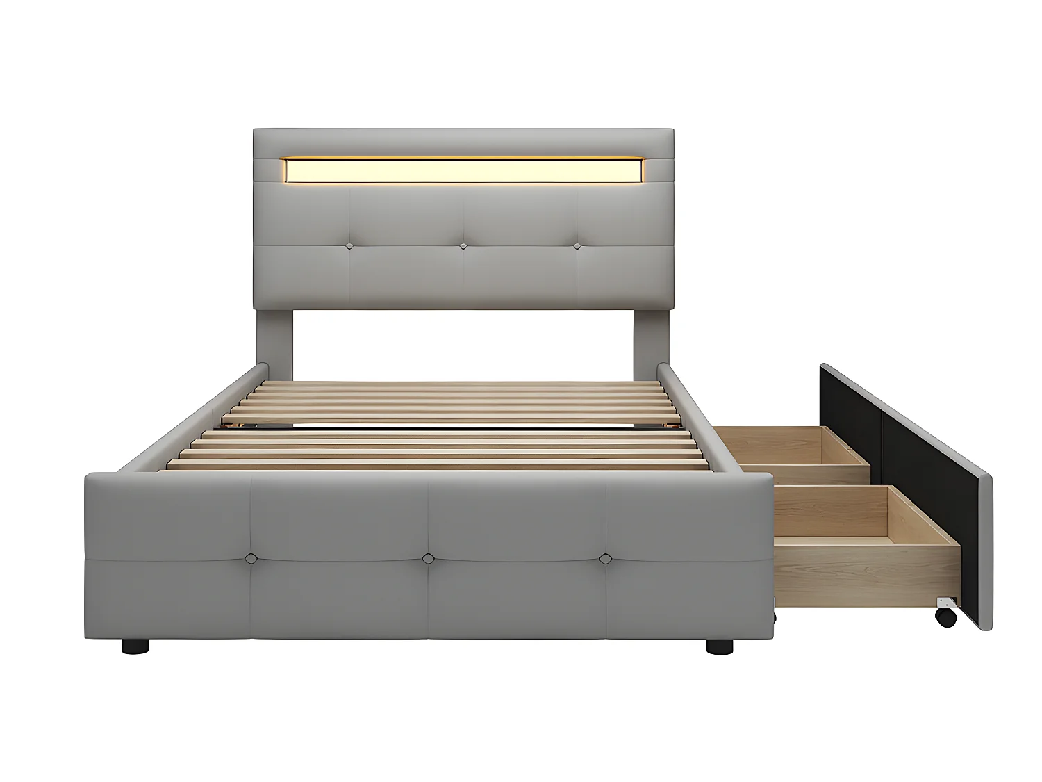 Lit LED avec tête de lit rangements et tiroirs - 90 x 200 cm - Gris - Sweiko