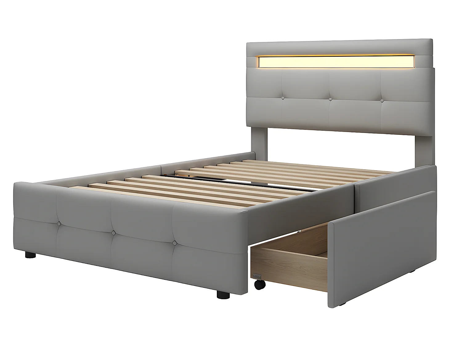 Lit LED avec tête de lit rangements et tiroirs - 90 x 200 cm - Gris - Sweiko