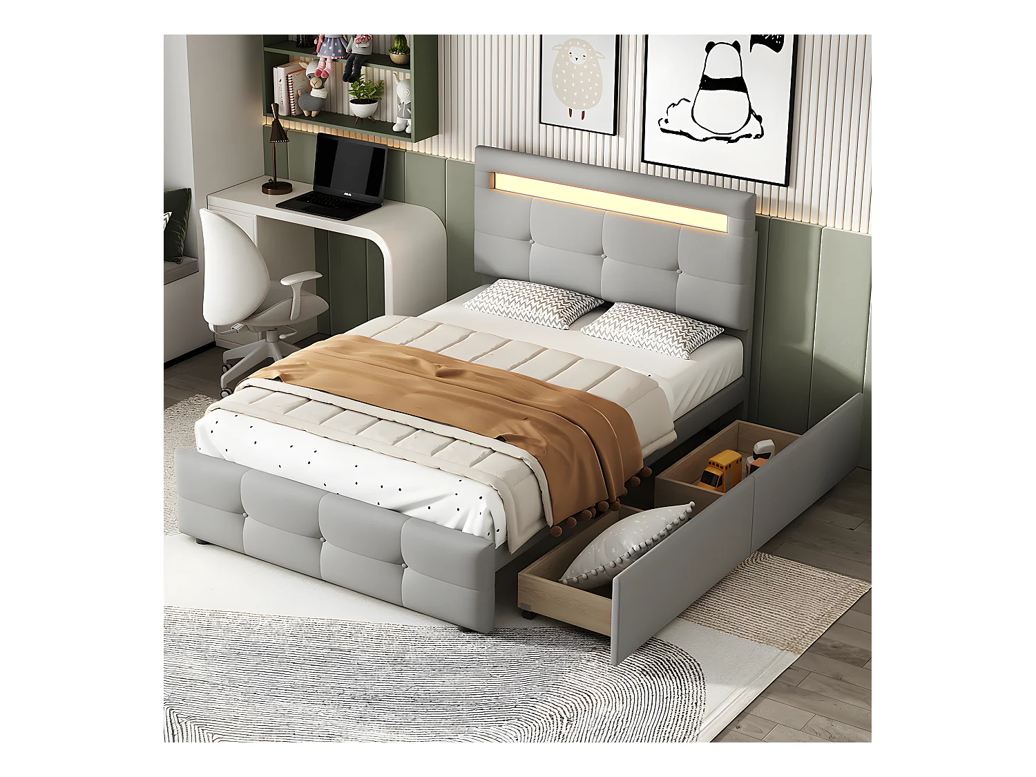 Lit LED avec tête de lit rangements et tiroirs - 90 x 200 cm - Gris - Sweiko