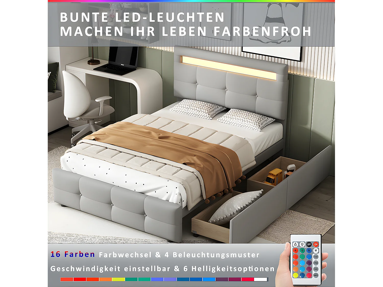 Lit LED avec tête de lit rangements et tiroirs - 90 x 200 cm - Gris - Sweiko