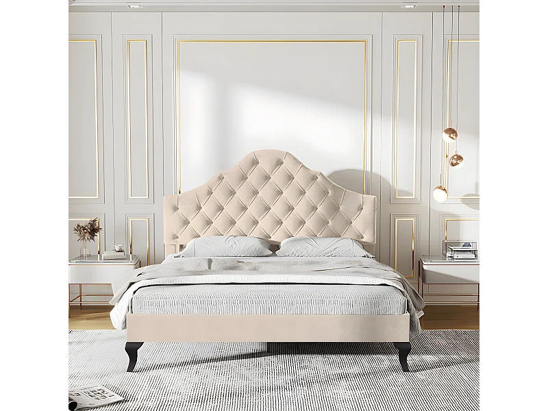 Lit adulte Lit capitonné 140x190 cm avec sommier à lattes - beige - Sweiko