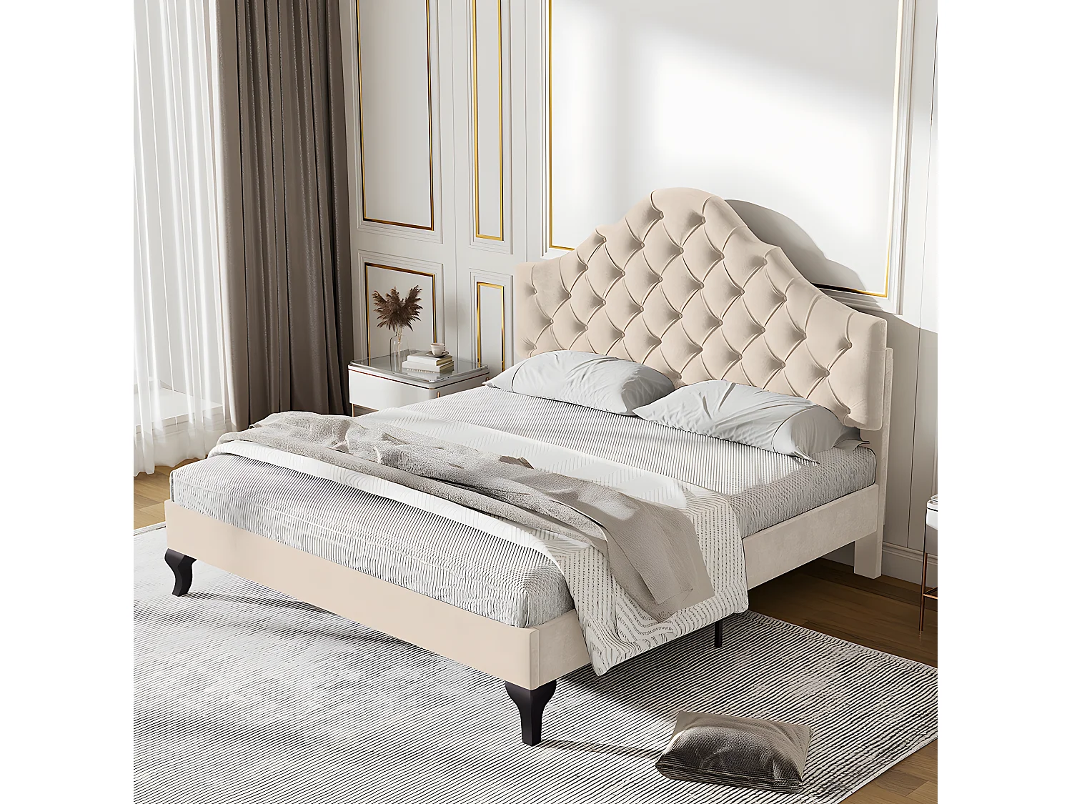 Lit adulte Lit capitonné 140x190 cm avec sommier à lattes - beige - Sweiko