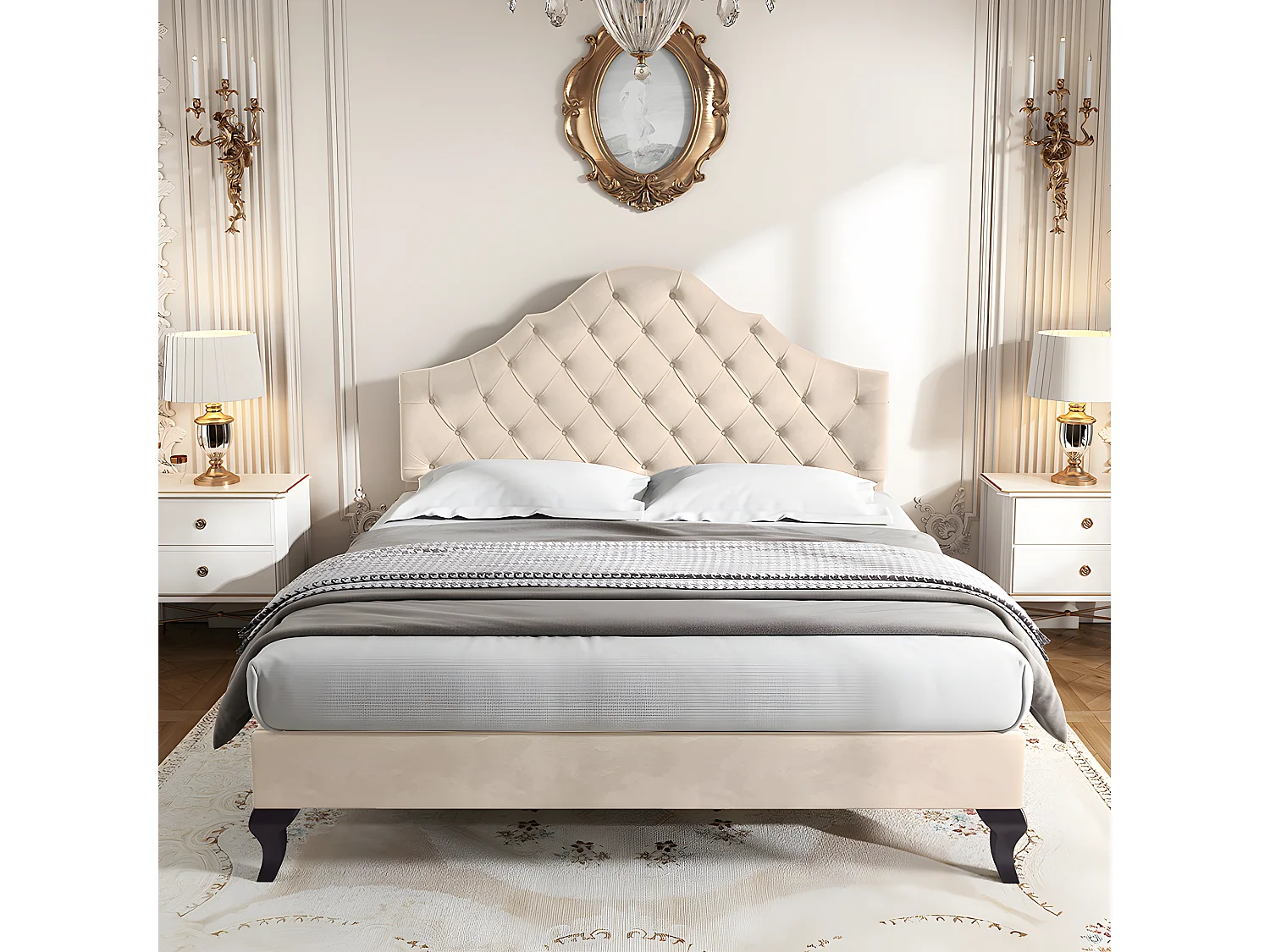 Lit adulte Lit capitonné 140x190 cm avec sommier à lattes - beige - Sweiko