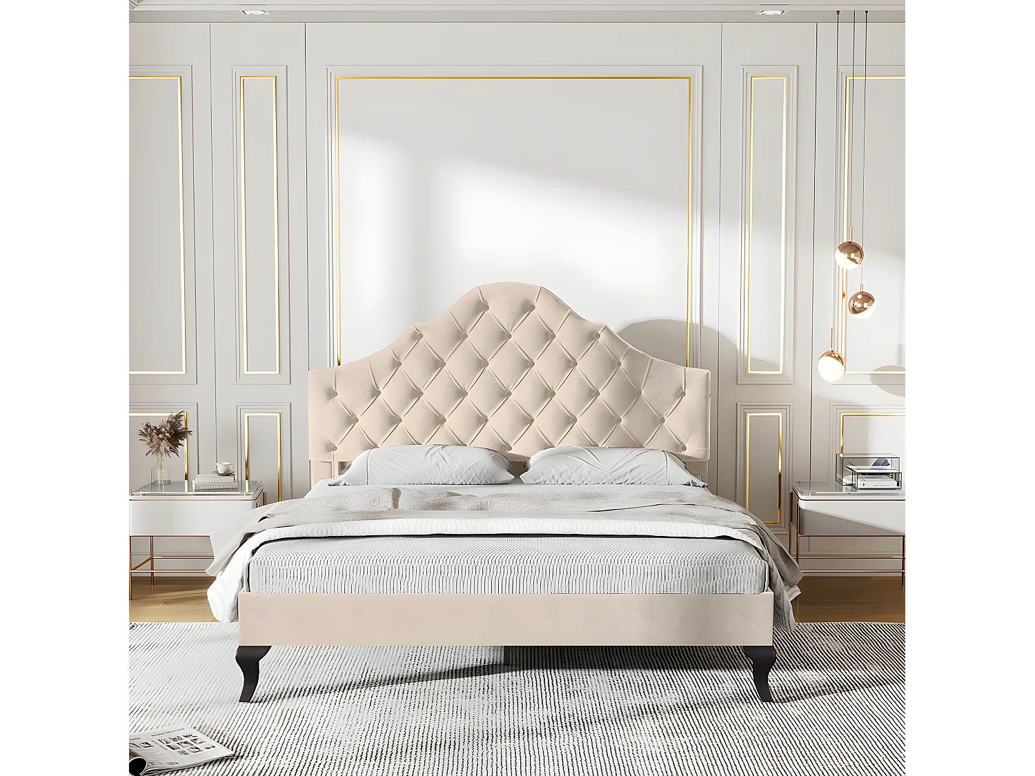 Lit adulte Lit capitonné 140x190 cm avec sommier à lattes - beige - Sweiko