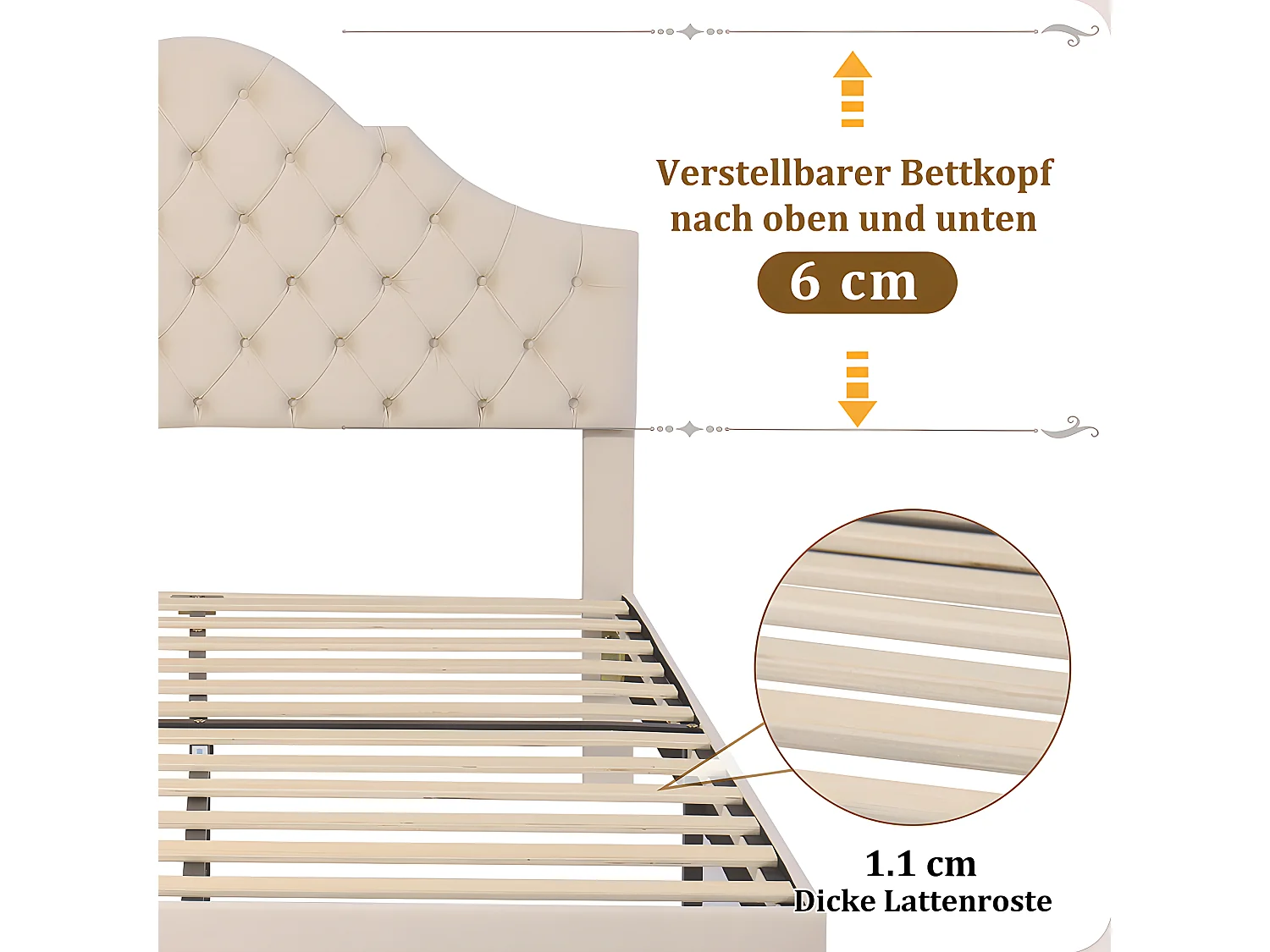 Lit adulte Lit capitonné 140x190 cm avec sommier à lattes - beige - Sweiko