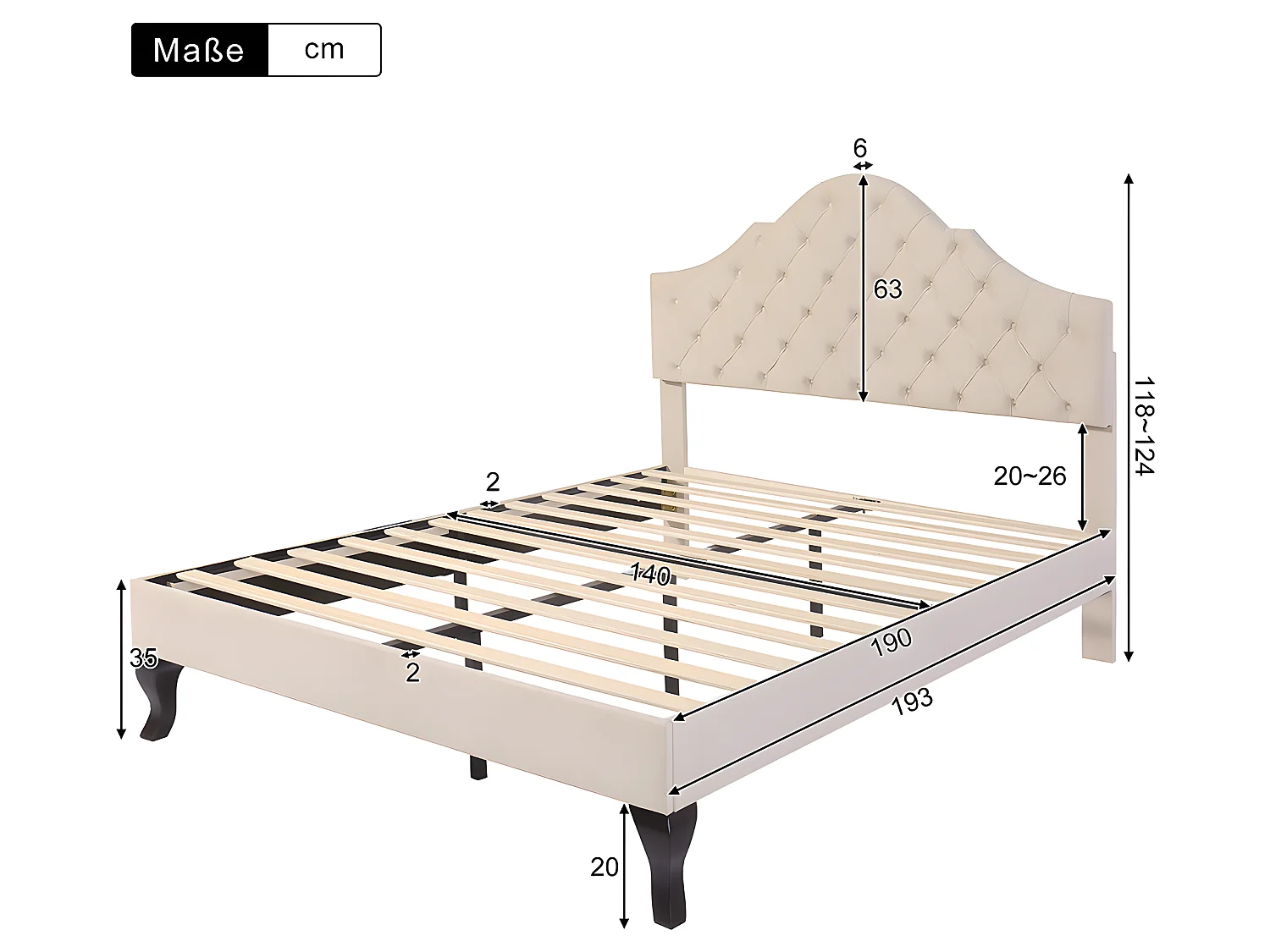 Lit adulte Lit capitonné 140x190 cm avec sommier à lattes - beige - Sweiko