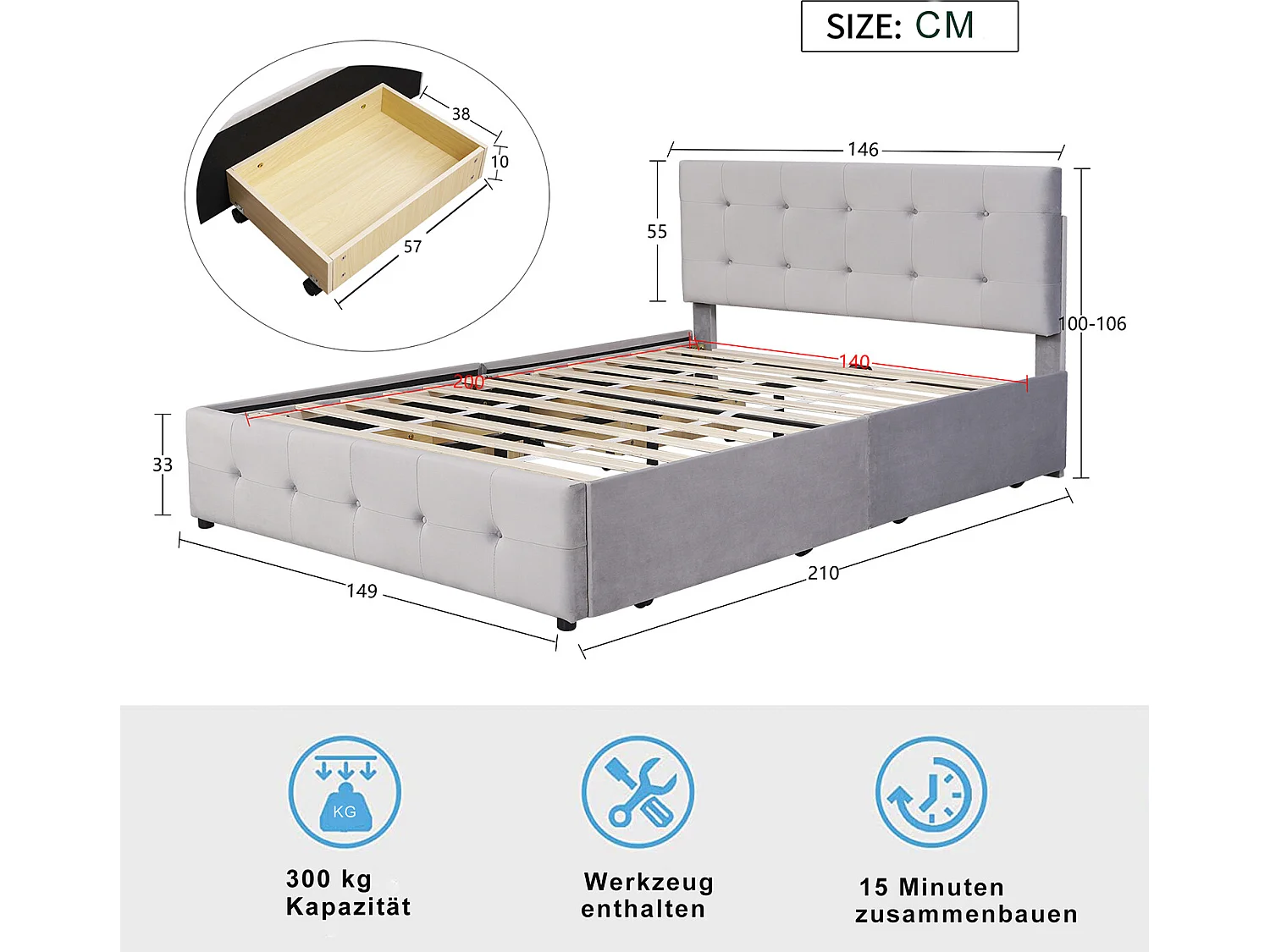 Lit avec tiroirs - 140x200 cm, lit double gris (matelas non inclus) - Sweiko