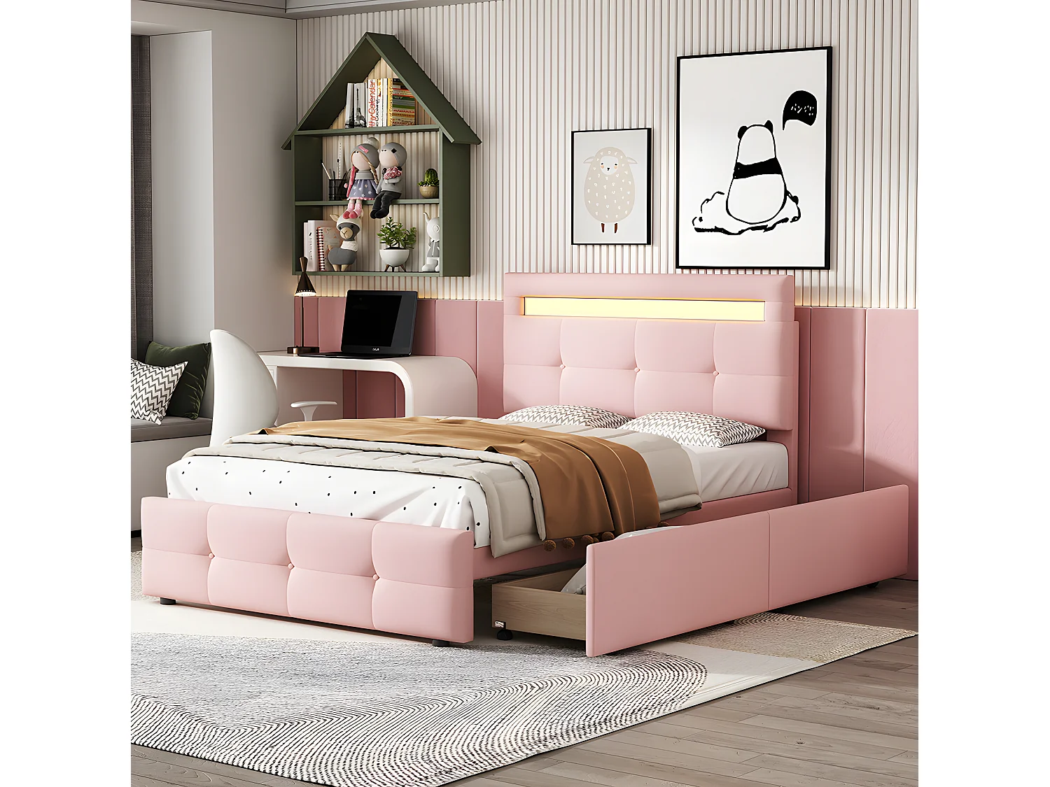 Lit LED avec tête de lit rangements et tiroirs - 90 x 200 cm - Rose - Sweiko