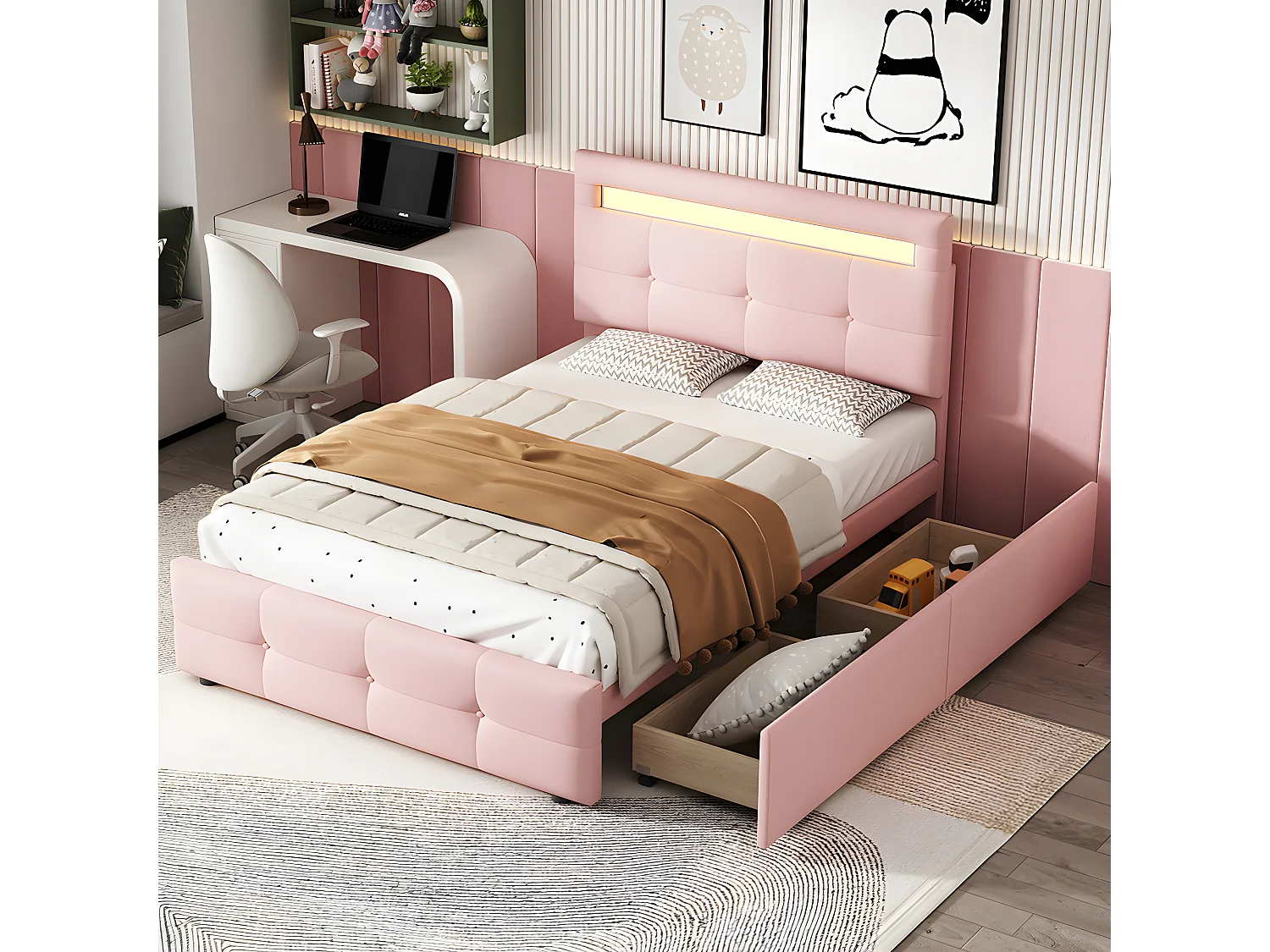 Lit LED avec tête de lit rangements et tiroirs - 90 x 200 cm - Rose - Sweiko
