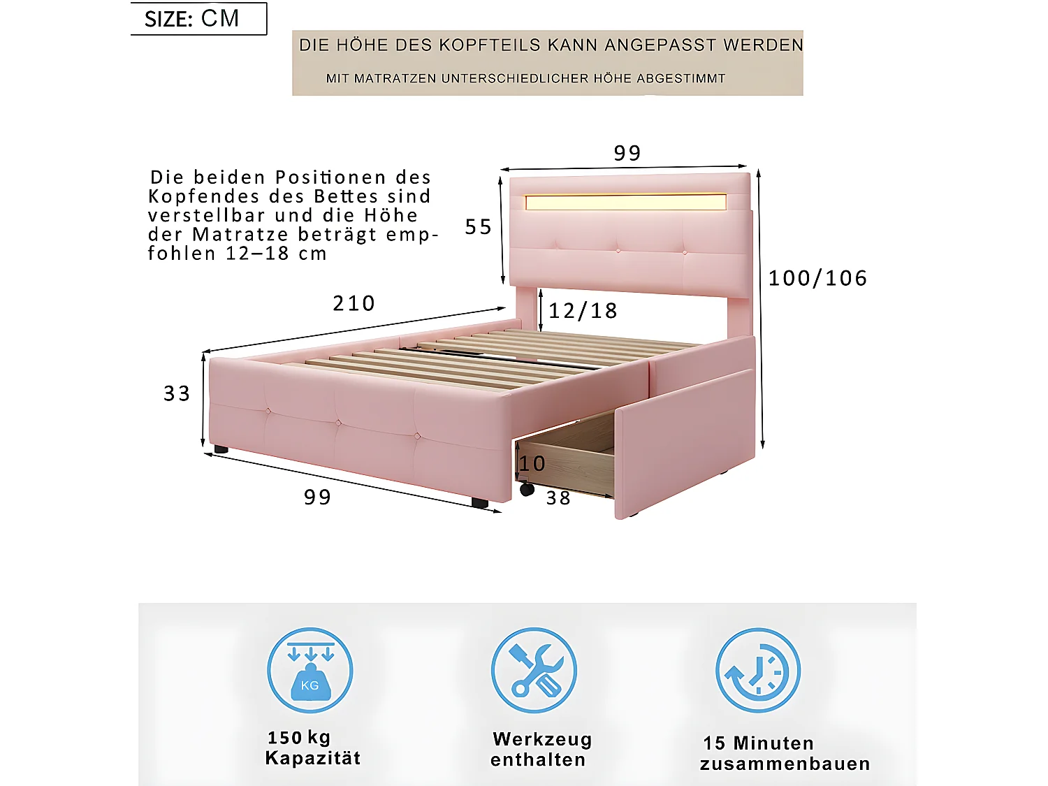 Lit LED avec tête de lit rangements et tiroirs - 90 x 200 cm - Rose - Sweiko