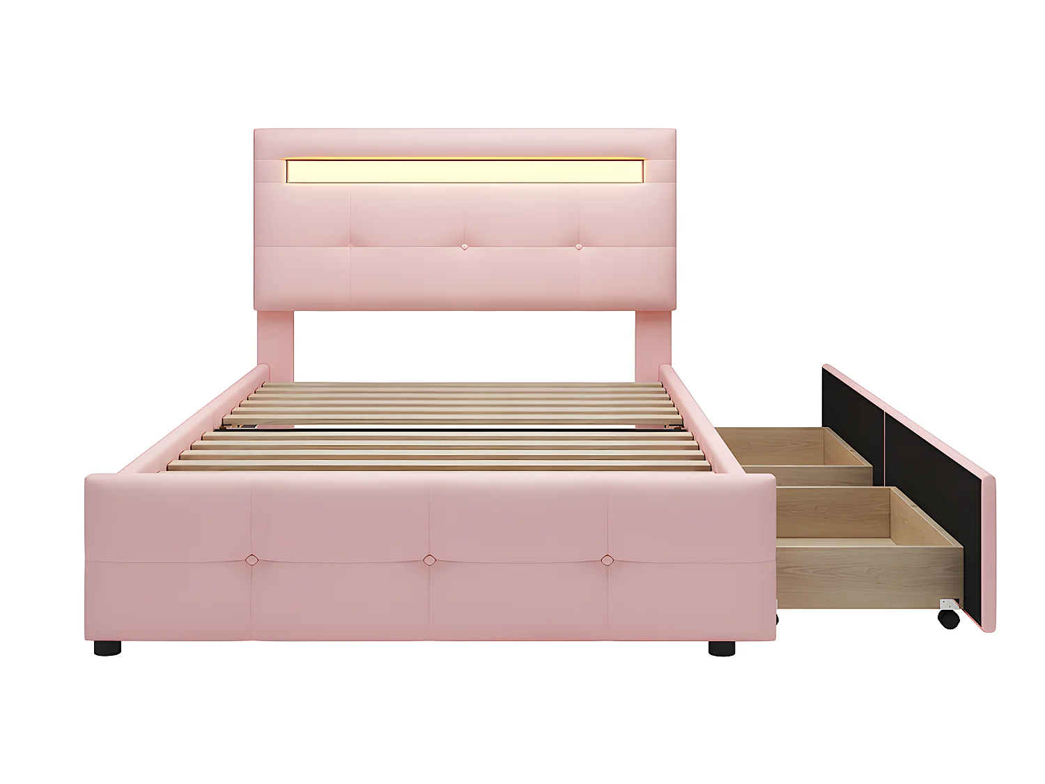Lit LED avec tête de lit rangements et tiroirs - 90 x 200 cm - Rose - Sweiko