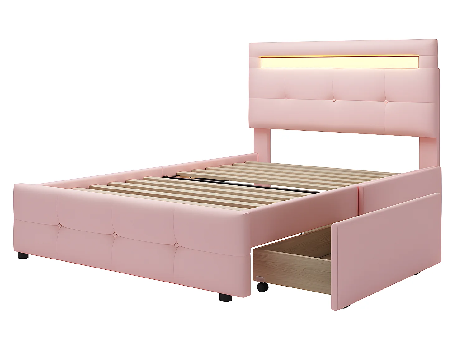 Lit LED avec tête de lit rangements et tiroirs - 90 x 200 cm - Rose - Sweiko