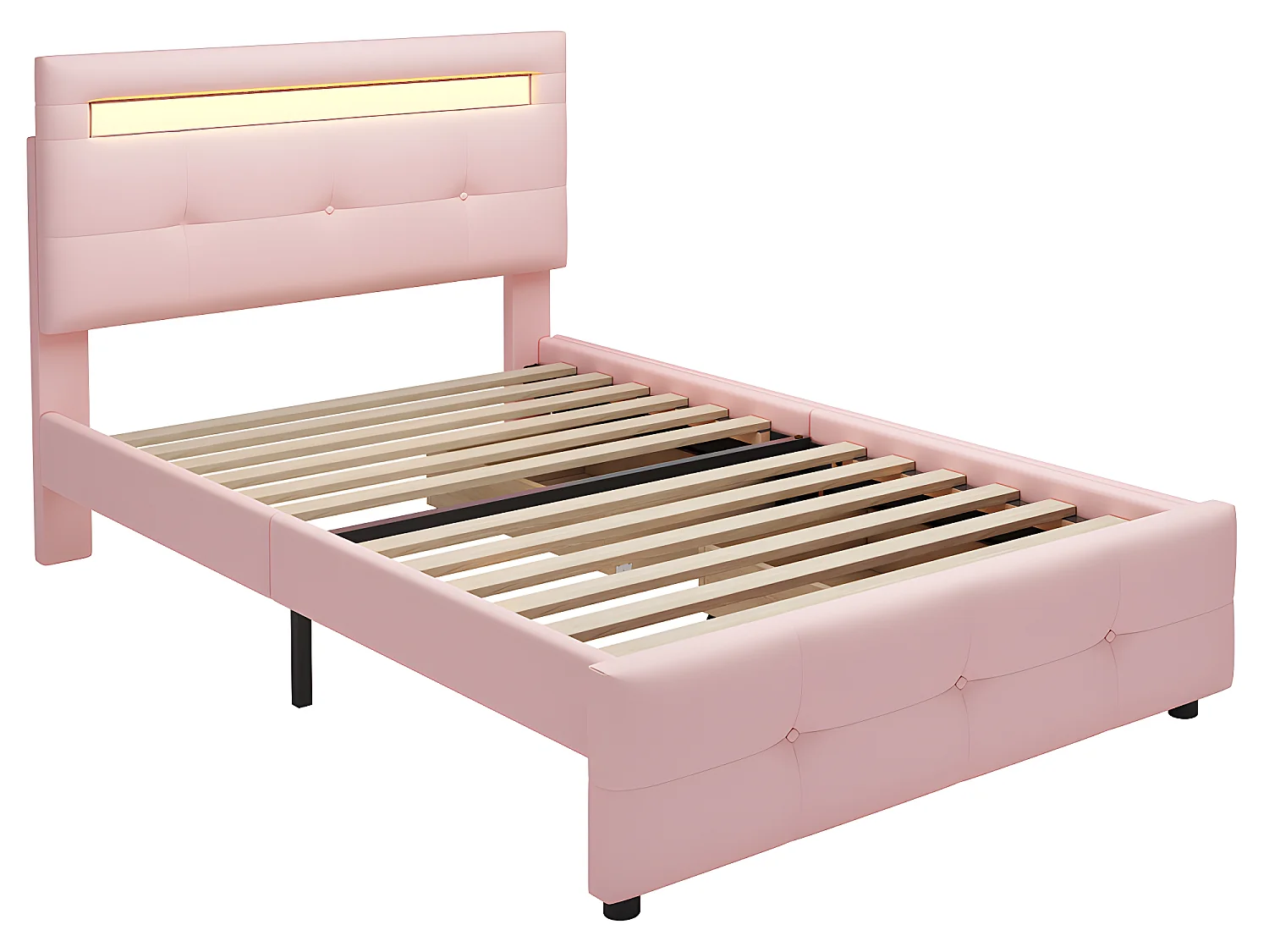 Lit LED avec tête de lit rangements et tiroirs - 90 x 200 cm - Rose - Sweiko