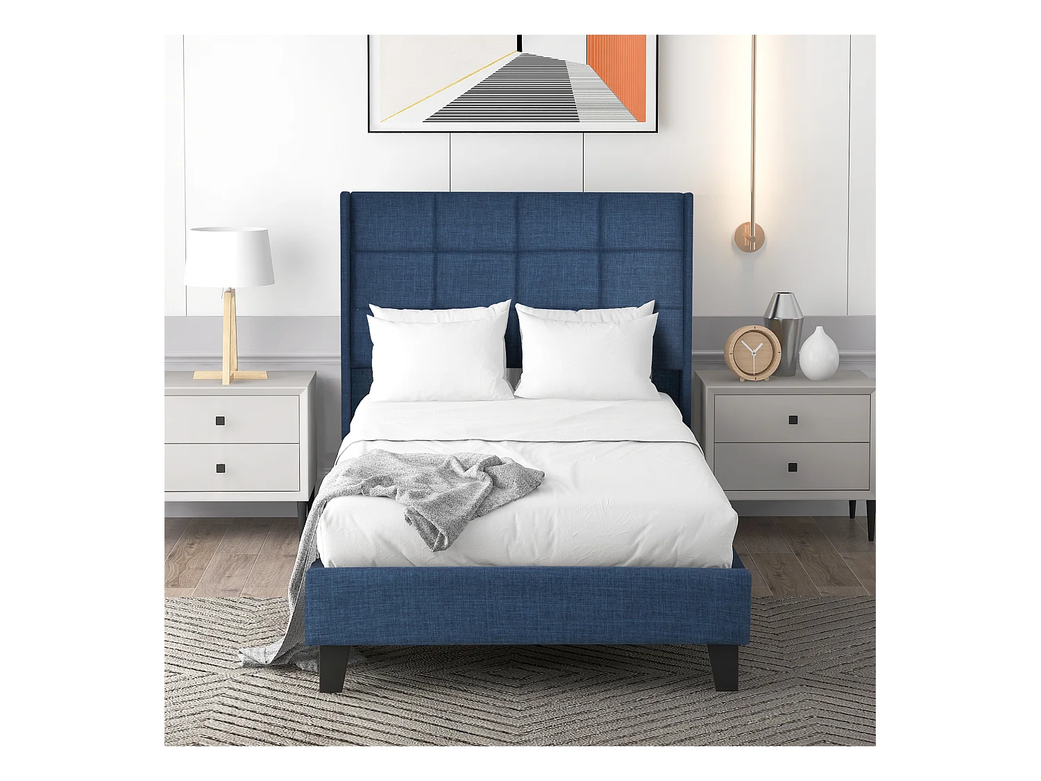 Lit adulte Lit capitonné design moderne, lit simple 90x200cm, lin Bleu - Sweiko