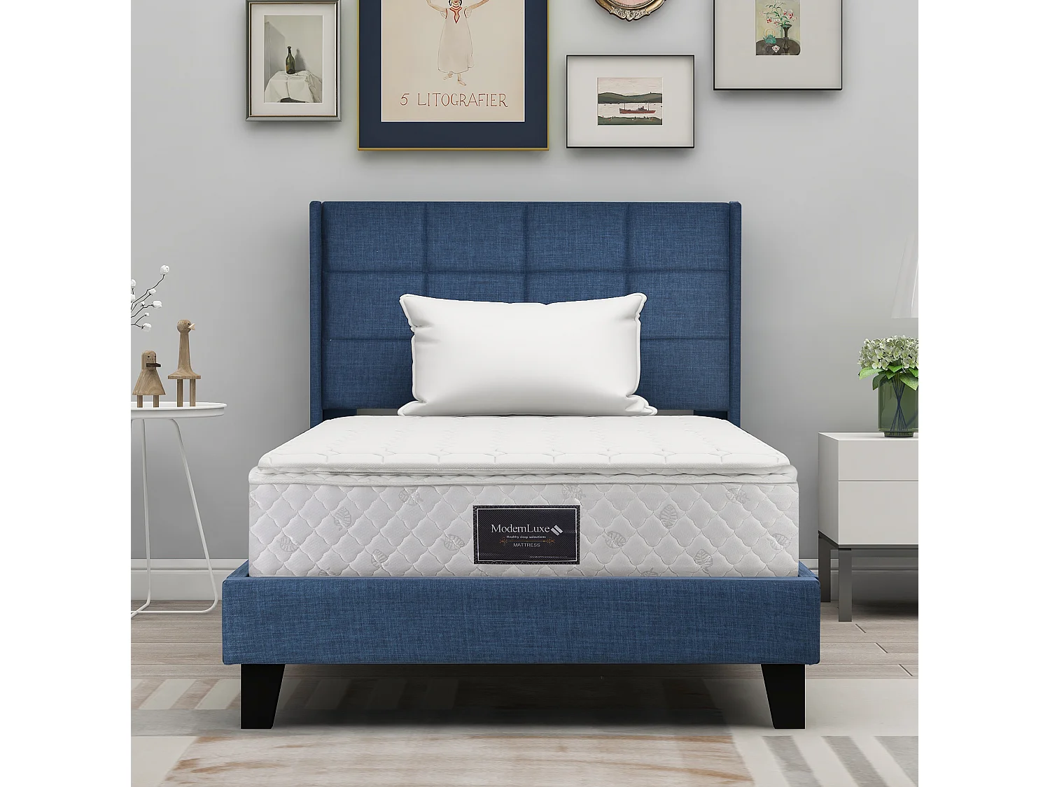 Lit adulte Lit capitonné design moderne, lit simple 90x200cm, lin Bleu - Sweiko